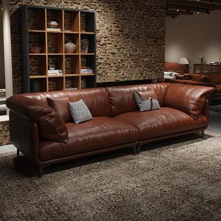 French Retro Scandinavian Imported Oil Waxed Cowhide Sofa Italian Normcore Genuine Leather Three-Person French Living Room Straight Sofa