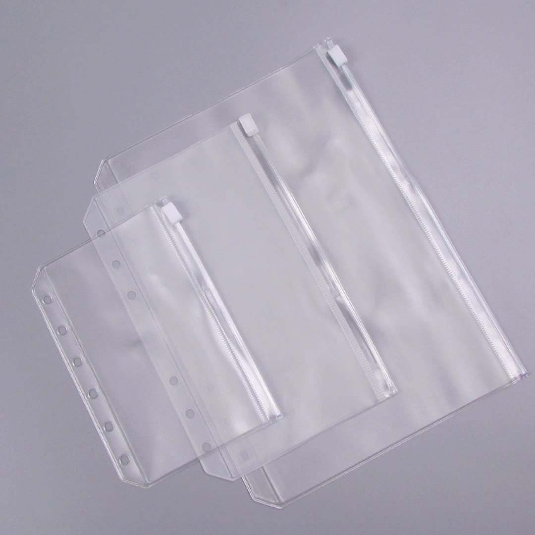 A6 bolsa de almacenamiento con cremallera de hojas sueltas libro de mano de recarga de hojas sueltas de PVC bolso de tarjeta de visita de factura transparente de pvc de 6 agujeros al por mayor