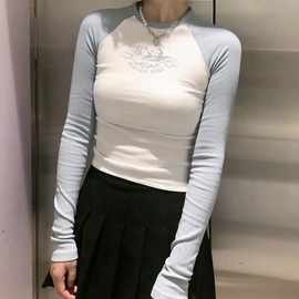 BM风拼色天使印花T恤插肩袖bm圆领长袖上衣螺纹打底衫女潮牌
