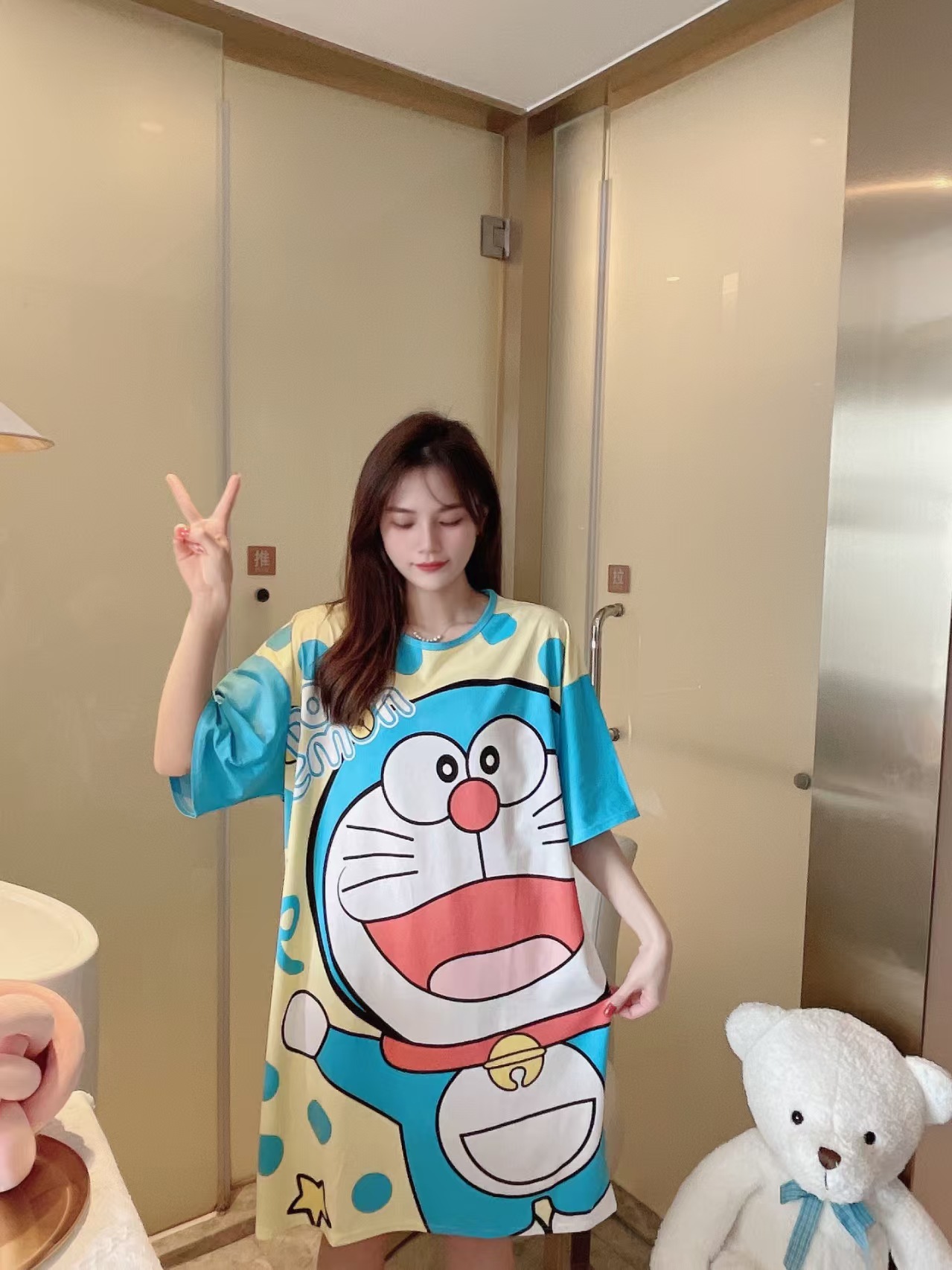 Spot falda de mujer viento perezoso talla grande camisón de mujer manga corta suelta y cómoda cuello redondo lindo vestido de casa con estampado de dibujos animados