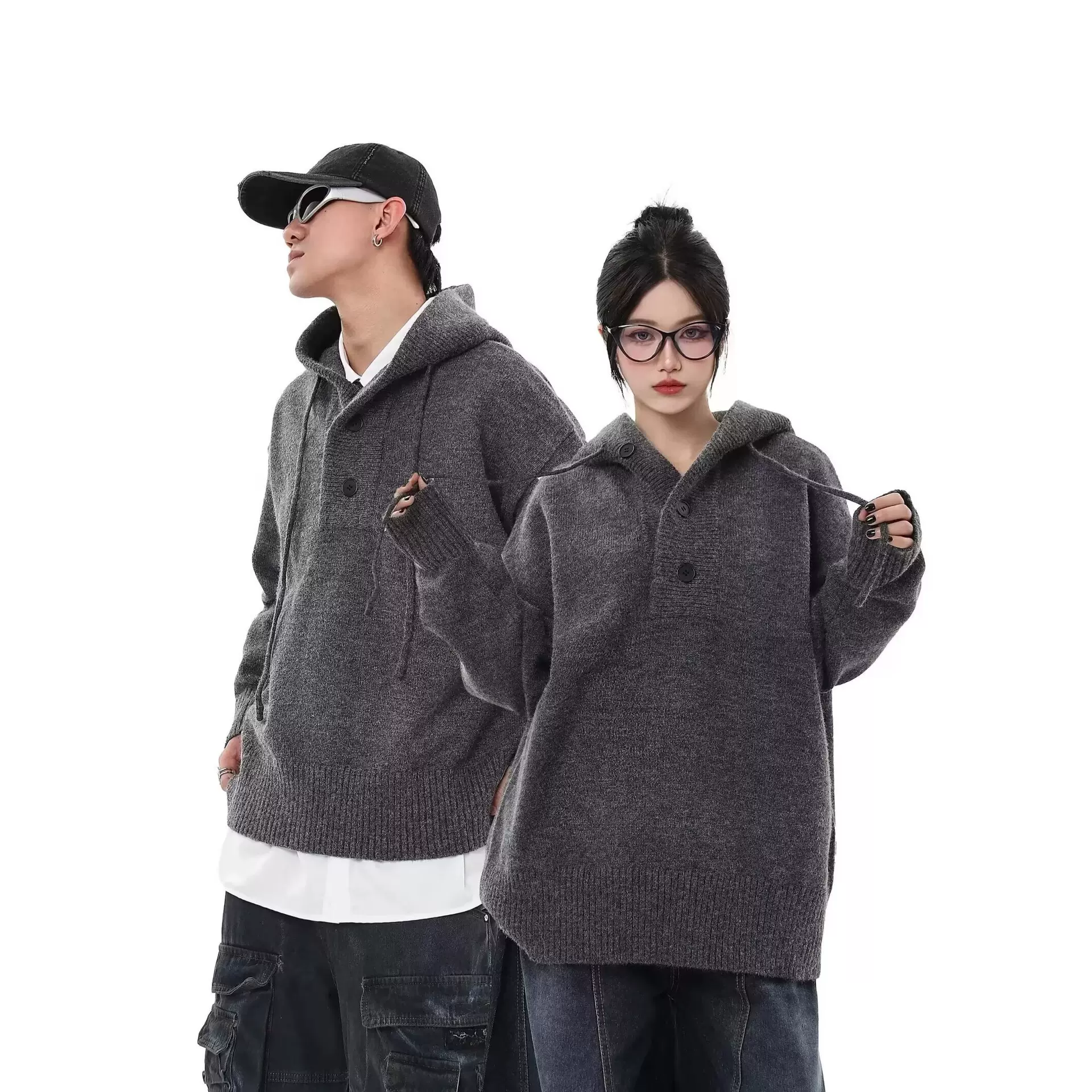 2025秋冬新款开衫毛衣男美式复古休闲慵懒风V领针织衫纯色情侣装