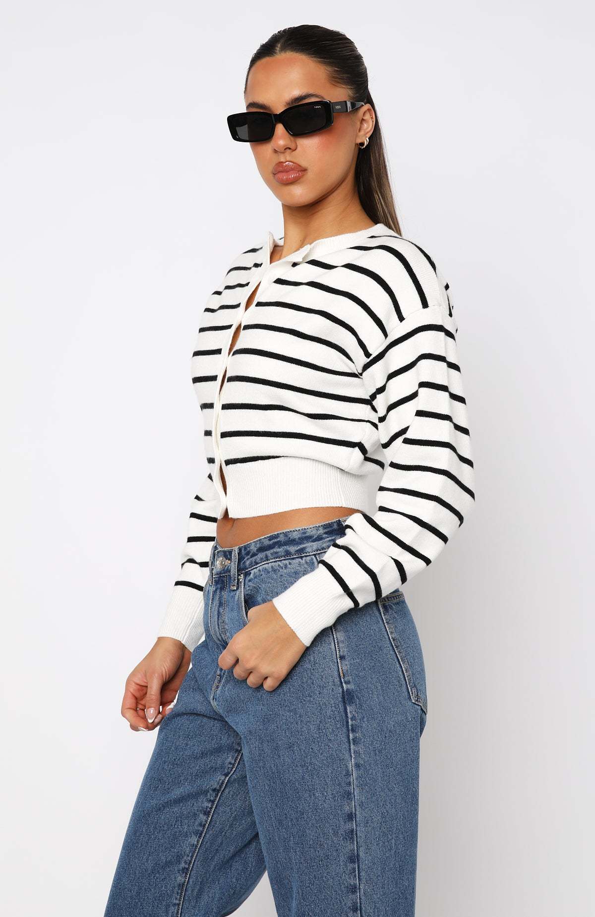 Damenbekleidung gestreifter Rundhals-Strickcardigan modischer Freizeitpullover_voghion.com