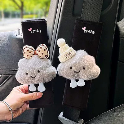 Supply for Cross-Border Wholesale, Seat belt shoulder pad - polka-dot-bow-with-white-hat-smiling-cloud-black-plush-shoulder-pad-set-pair-black-short-velvet-257cm-mua-gray-cloud-style