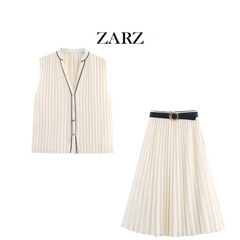 ZARZ 自制 欧美风 新款女装 撞色饰边褶皱衬衫腰带饰褶裥迷笛裙