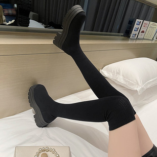 Stretch Socks Long Boots Women's 2025 New Style Small Thick Bottom Heightened Thin Boots Women's High Over-the-Knee Boots