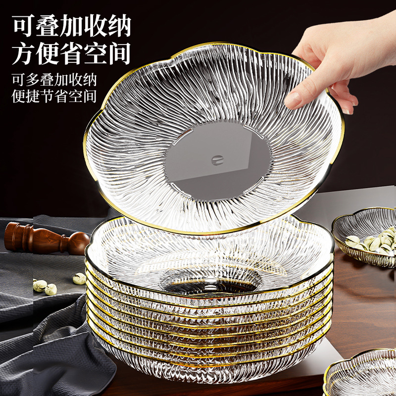 Plato nuevo plato de frutas con patrón de cristal de lujo ligero, sala de estar doméstica, plato de frutos secos, plato de colocación de bocadillos, plato de dulces