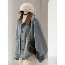 气质撞色翻领牛仔外套女2025秋季新款韩里韩气灯芯绒拼接休闲上衣