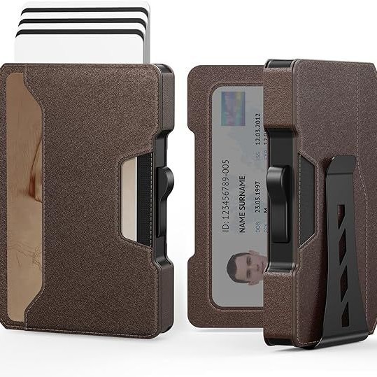 Amazon doble plegable lado empuje caja de tarjetas metálicas RFID blindaje cartera ultrafina pop-up multi-tarjeta cartera de cuero