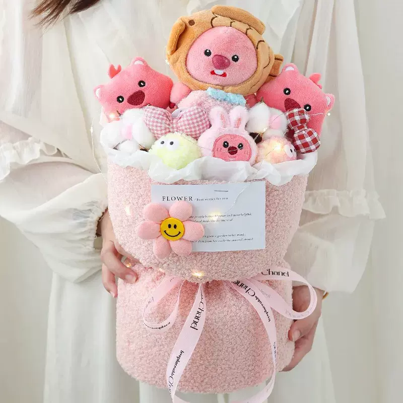 跨境娃娃玩偶花束成品海狸露比手捧花毛绒公仔圣诞情人节生日礼物