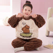 亲子睡衣母女装秋冬季加厚珊瑚绒中大童可爱女童法兰绒家居服套装