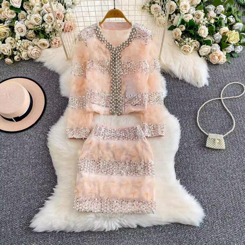 Super Fairy-Like and Stunningly Beautiful Sequined Tulle Jacket for Women, Stylish and Age-Reducing, Light Luxury, Heavy-Duty Rhinestone-Embellished Beaded Top and Short Skirt Set