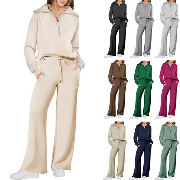 European and American Export 2023 Amazon Autumn and Winter Casual Sports Suit Zipper Long-Sleeved Sweatshirt Wide-Leg Pants Two-Piece Set