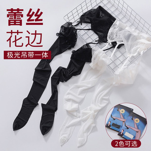 SK极光袜薄款黑丝一体式蕾丝花边吊带袜性感油亮过膝长筒丝袜6365-阿里巴巴