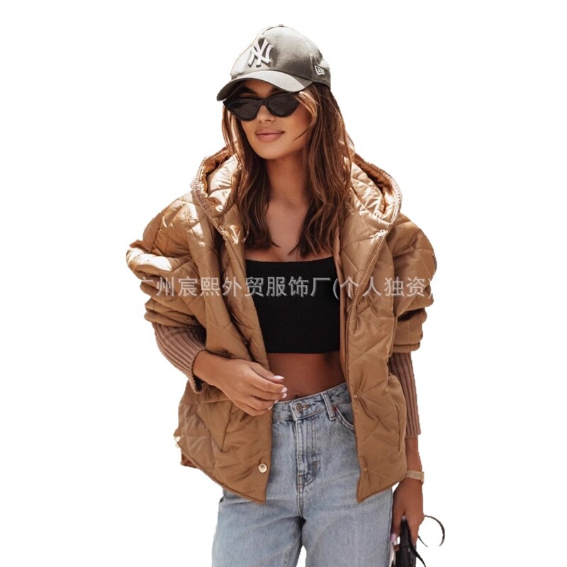 独立站2025秋冬欧美跨境时尚宽松毛衣拼接开衫立领女式外套棉服|undefined