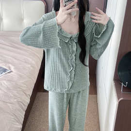 春夏季新款情侣居家睡衣针织休闲时尚简约甜美可爱方领家居服套装