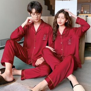 Ice silk couple pajamas lapel Korean simple casual autumn and winter long sleeve home clothing female source factory a generation of hair