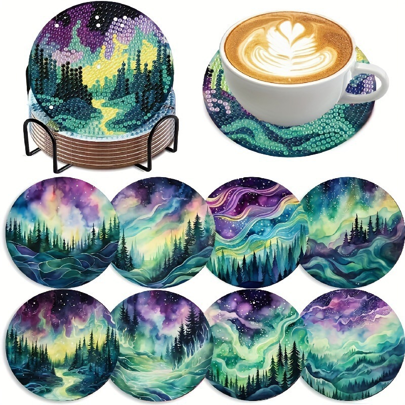 Ventas transfronterizas calientes de 8 piezas de conjunto de cojín de taza de arte de diamante, con soporte, pequeño conjunto de pintura de diamante, adecuado para adultos