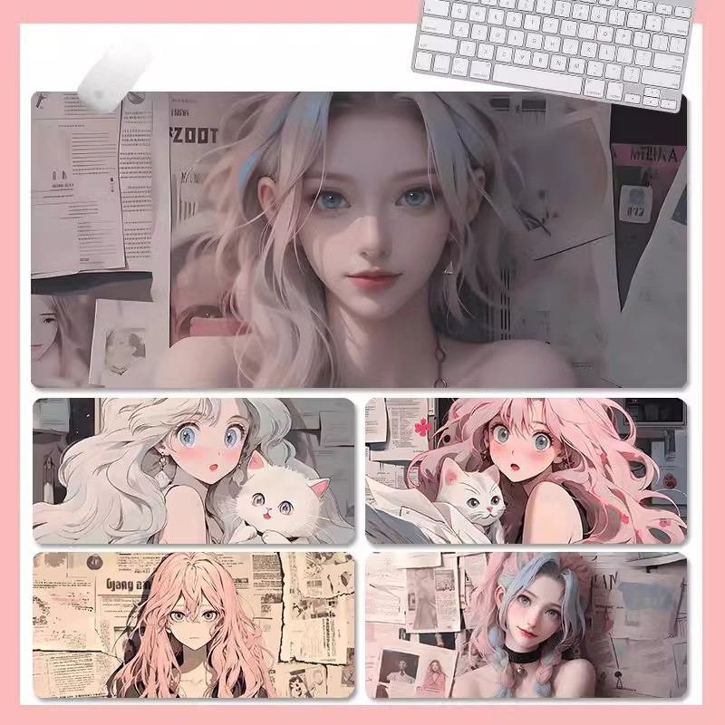 猫咪美少女鼠标垫防滑电竞游戏垫男动漫键盘垫办公桌面超大号软垫