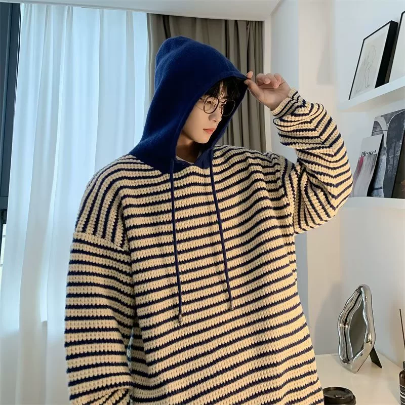 Демисезонный мужской вязаный свитер с капюшоном, oversize, свободный крой