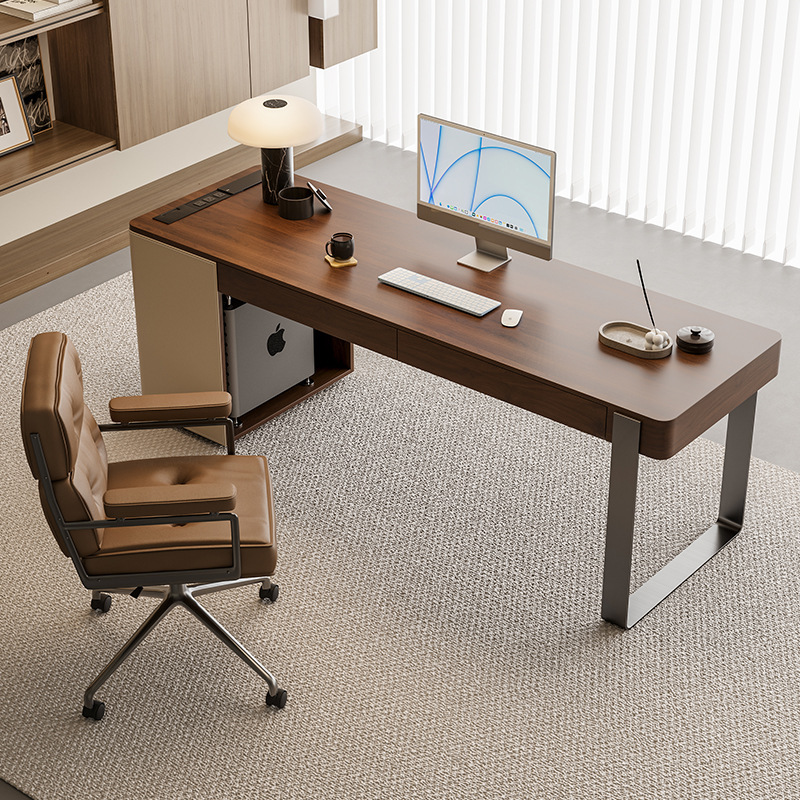 Antique Solid Wood Desk Minimalist Home Study Office Desk High-end Saddle Leather Walnut Color Writing Desk Computer Desk
