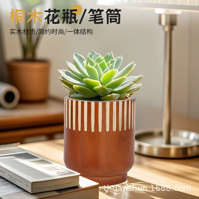 Ваза из цельного дерева, настольные украшения из дерева павловнии, деревянные поделки, украшения для дома, изделия из дерева в стиле ретро, ​​китайские креативные цветочные композиции