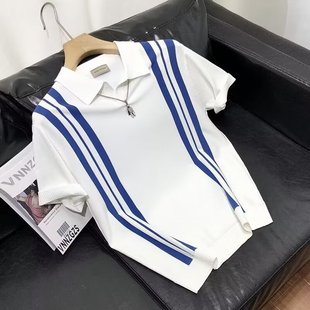 2024 Summer Knitted Ice Silk Polo Shirt Men's Casual Lapel Slim-fit Casual Half-sleeve Striped Contrast Color Short-sleeve Men