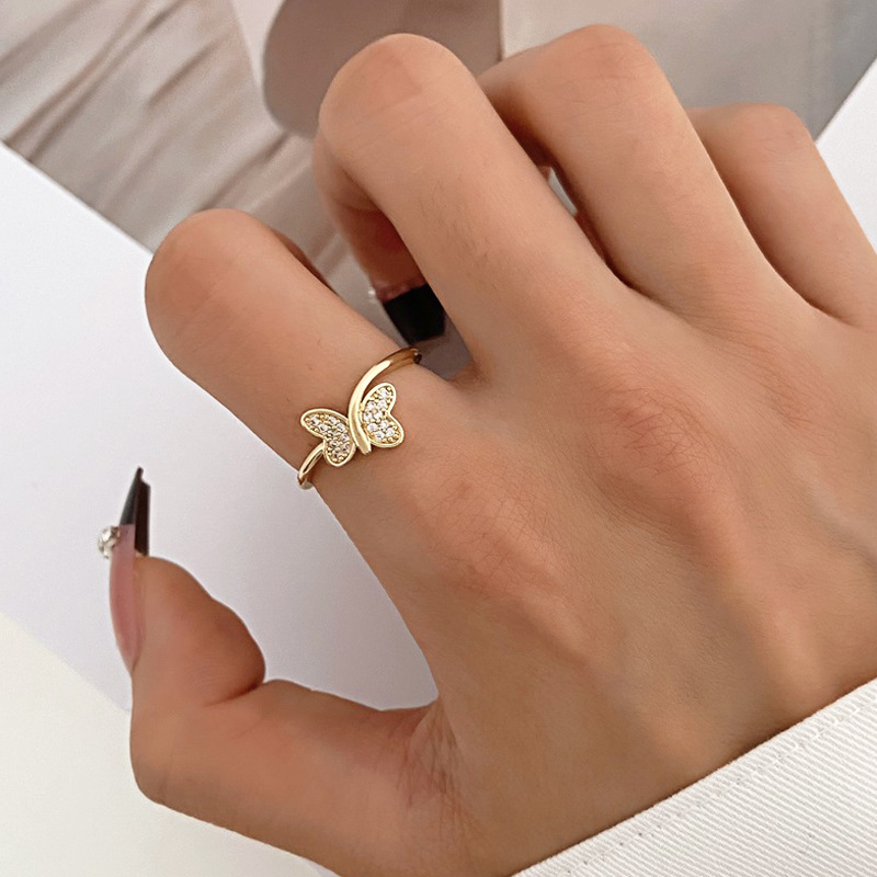 Fashion Butterfly Copper Inlay Zircon Open Ring 1 Piece