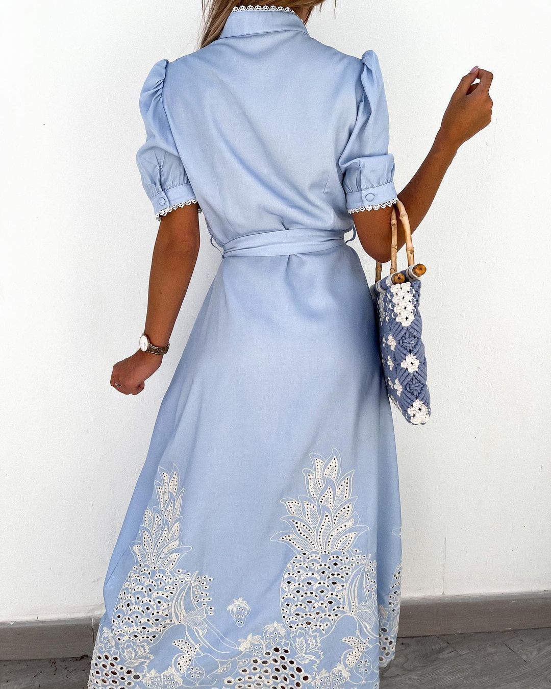 Vacation Style Wholesale Women's Vacation Hollow Out Solid Color Pineapple Holiday Beach Standing Collar Half Sleeve Swing Dress Shirt Dress