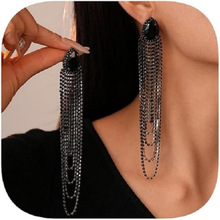 个性设计感耳环气质超长款黑水钻多层流苏夜店耳饰宴会earrings