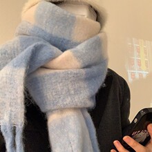韩版蓝白格子马海毛女士围巾女秋冬季百搭软糯保暖仿羊绒围脖加厚