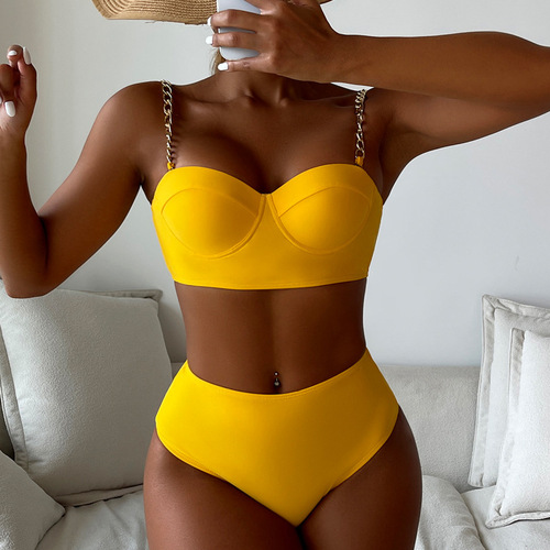  New European and American Bikini Swimwear Women's Sexy Pure Black Split High Waist Belly Covering Bikini Swimsuit