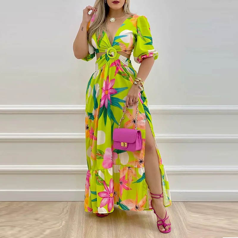 Women's Irregular Skirt Hawaiian V Neck Printing Short Sleeve Color Block Maxi Long Dress Holiday Street display picture 3