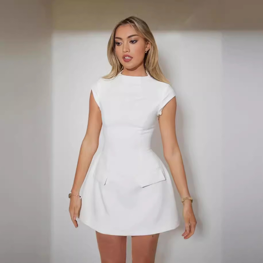 亚马逊欧美跨境女装 夏季新款纯色圆领紧身假口袋设计收腰连衣裙