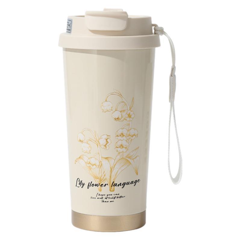 Taza de aislamiento de orquídea de alta visualización 316 taza de café de acero inoxidable portátil con cuerda de elevación taza de paja de automóvil