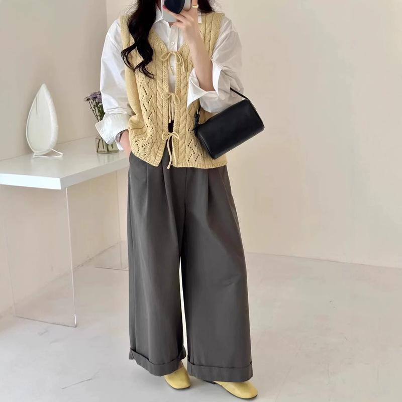 韩系设计感钩花系带针织马甲女秋冬新款纯色叠穿马夹开衫上衣1118|undefined
