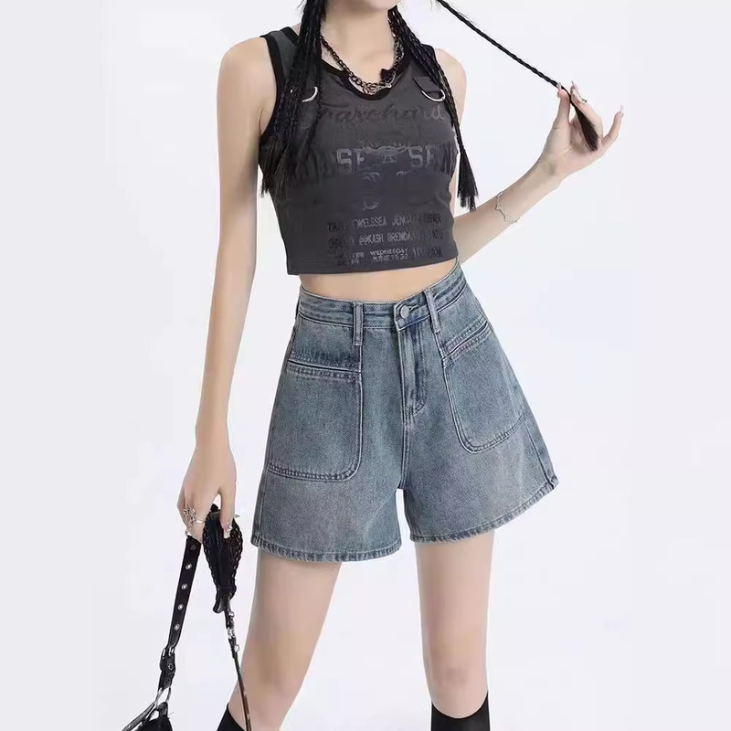 Vintage Denim Shorts Women's Summer New All-match Slimming High Waist Hip Hot Girl Loose Tassel A- shaped Hot Pants Trendy