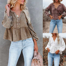 现货！欧美春秋爆款 亚马逊独立站纯色提花棉灯笼袖时尚套头上衣