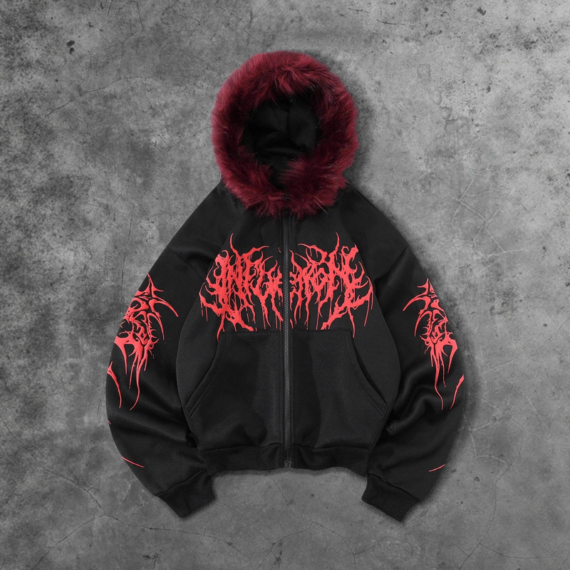 Cross-Border European and American Ins-Style American Aesthetic Retro High Street Fashion Foam Print Fur Collar Crop Niche Sweatshirt Cross-Border European and American Ins-Style American Aesthetic Retro High Street Fashion Foam Print Fur Collar Crop Niche Sweatshirt