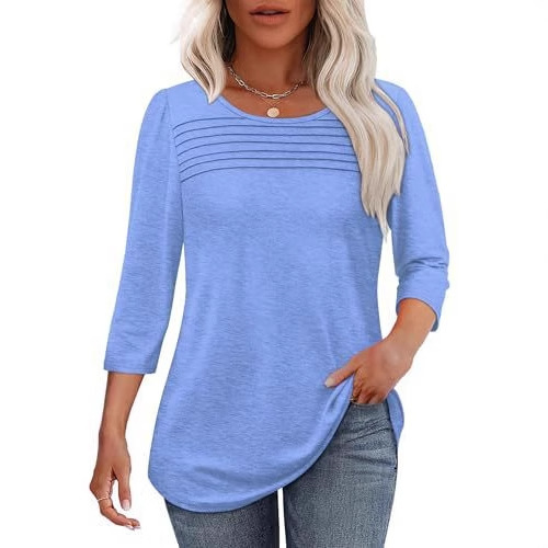 2025 Spring and Summer Europe and America Cross-border Amazon Independent Station Solid Color Round Neck Long Sleeve Striped T-shirt