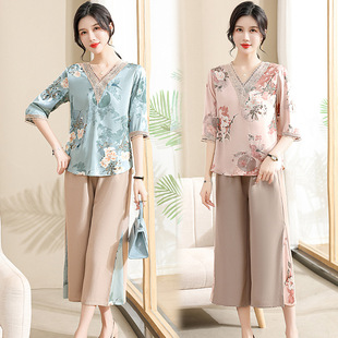 Mom's Summer Casual Suit Printed Top Middle-Aged Women's Large Size Short-Sleeved Two-Piece Floral Shirt Middle-Aged and Elderly People