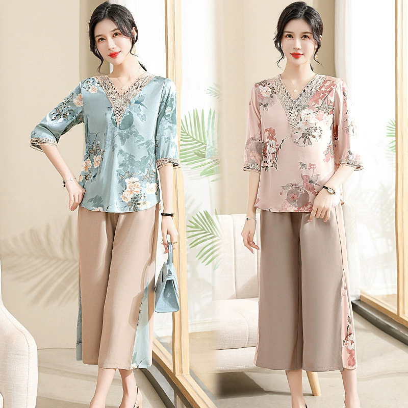 Летний повседневный костюм для мамы, топ с принтом, женская рубашка большого размера с короткими рукавами и цветочным принтом для женщин среднего возраста, людей среднего и пожилого возраста