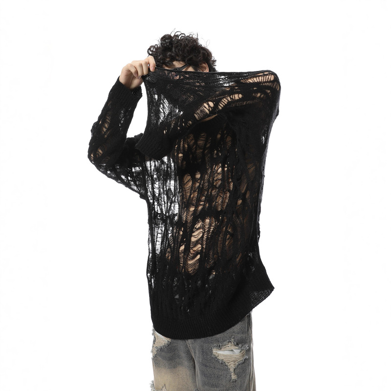 Early Autumn New Loose Knit Sweater with Unique Hollow-Out Design and Holes, Sun-Protective Men's Sweater in Korean Style, Casual Lazy Fashion Top Early Autumn New Loose Knit Sweater with Unique Hollow-Out Design and Holes, Sun-Protective Men's Sweater in Korean Style, Casual Lazy Fashion Top