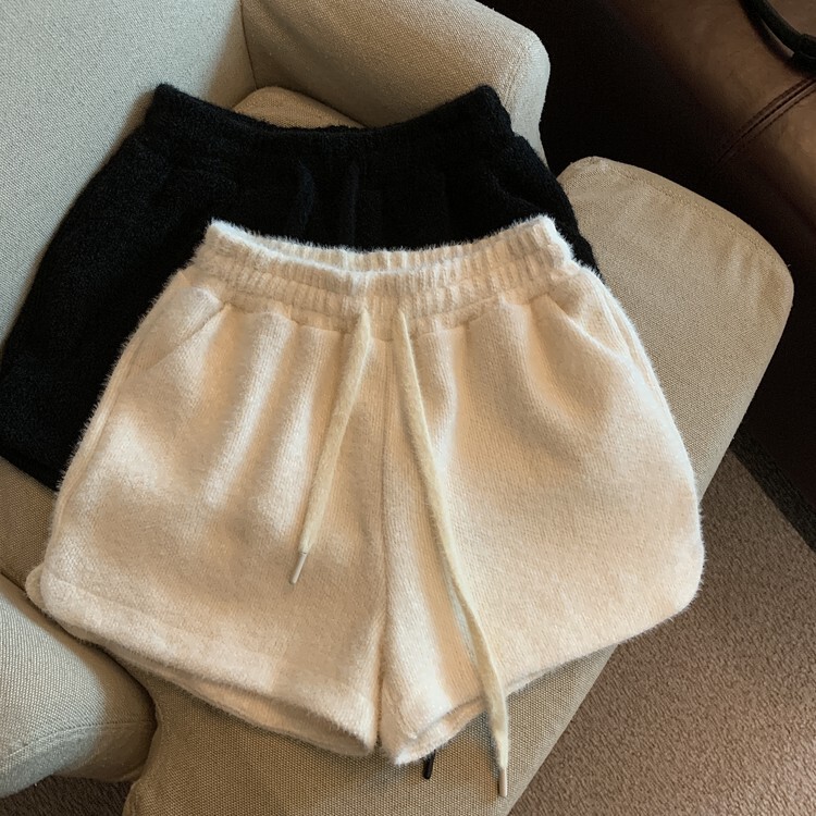 Autumn and Winter Hairy Shorts Women's Korean Style Hot Girl A- Shaped High Waist Drawstring Straight Shorts Boots Pants Outer Wear Casual Shorts
