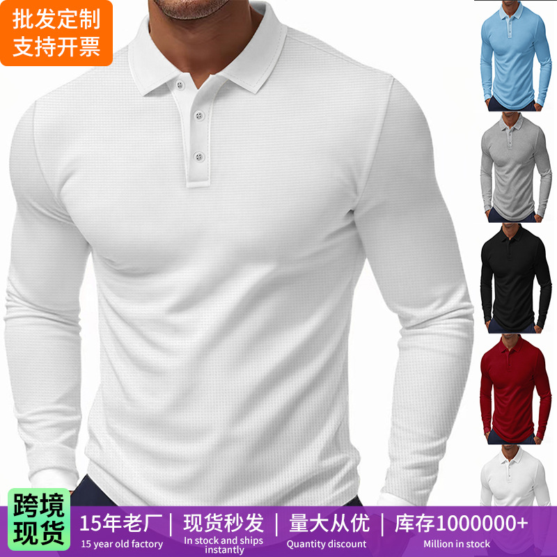 2026 Autumn New Arrival Amazon Retro Men's Waffle Casual Collar Button-Down Slim Fit Long Sleeve Polo Shirt