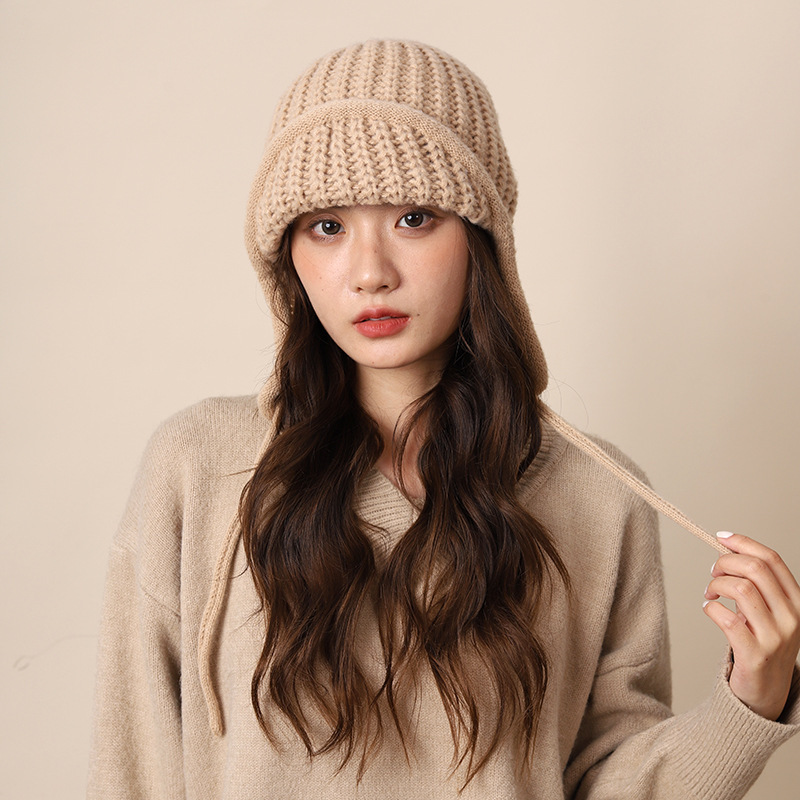 大头围针织帽子女冬季宽松纯色堆堆帽潮时尚显脸小保暖护耳毛线帽|undefined