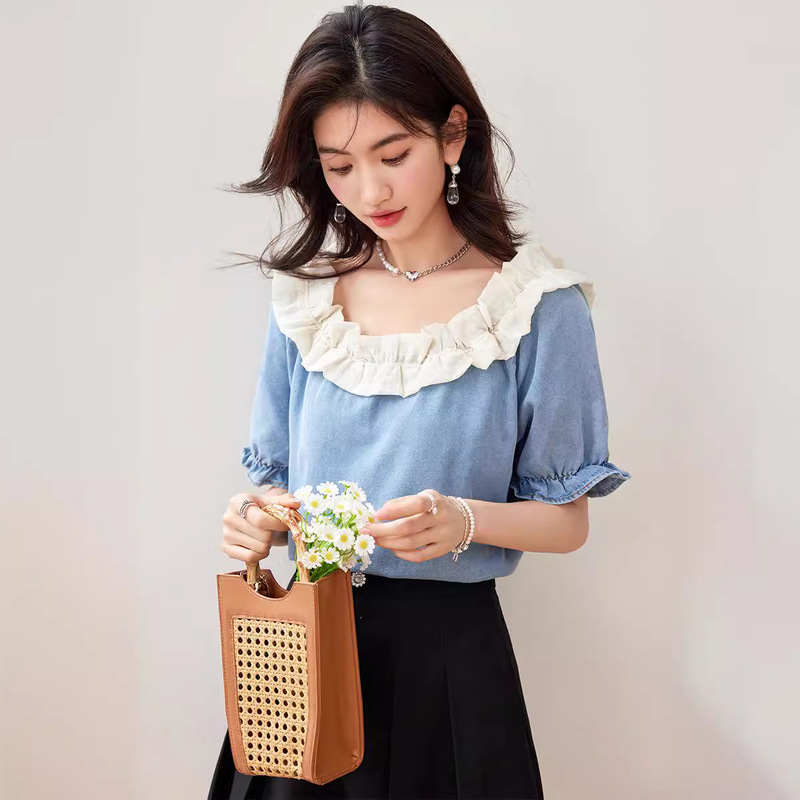 Literary Bud Collar Elegant Contrasting Denim Shirt for Women 2025 Summer New Style Simple One-Line Collar Loose Casual Top