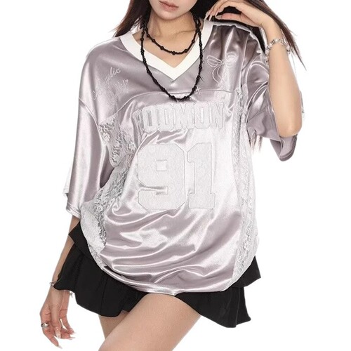 American-style glossy sporty loose-fit short-sleeve T-shirt | Men's and Women's Summer Patchwork White V-neck Lace Top