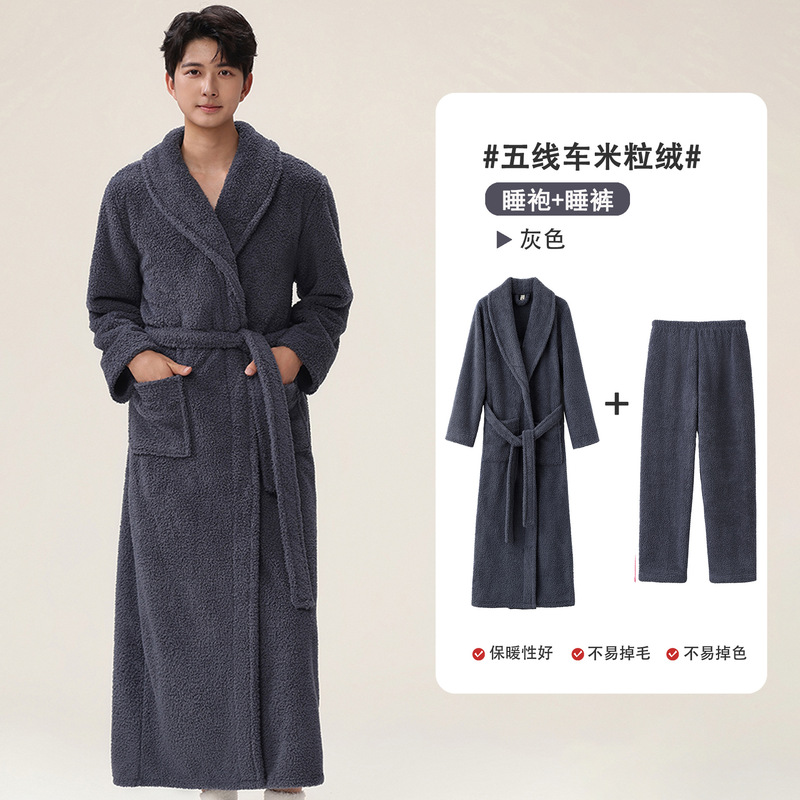 新款秋冬女睡袍半边绒加长加厚保暖睡衣情侣浴袍珊瑚绒家居服套装|undefined