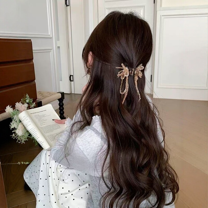 仙女本仙珍珠流苏小抓夹轻奢高级感半扎马尾发夹重手工水晶夹批发|undefined