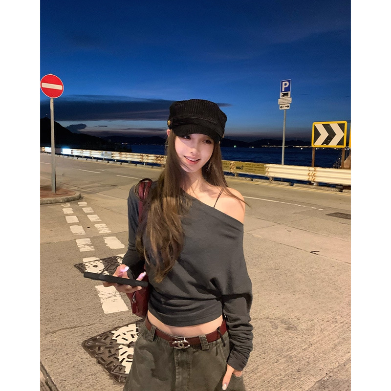 Chestnut Cocoa Bankelili Is Yours! Plaid and Effortless! Boat Neck Slanted Shoulder Waist Top with Multiple Ways to Wear